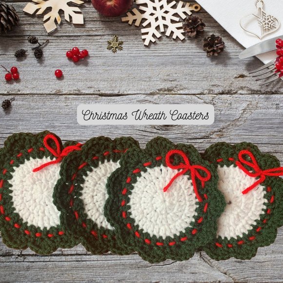 Christmas Coasters, Mug mats, Crochet Coffee mats, Hot Coco Mat, Christmas Wreat - Picture 1 of 2